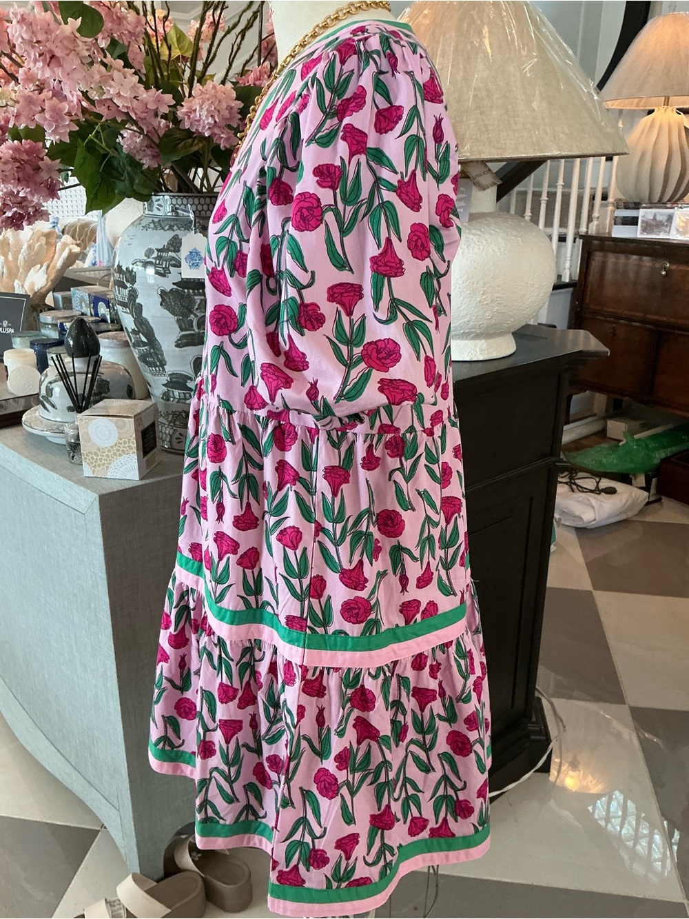 Mud Pie Pink Floral Tiered Dress with Green Trim - Picture 3 of 7